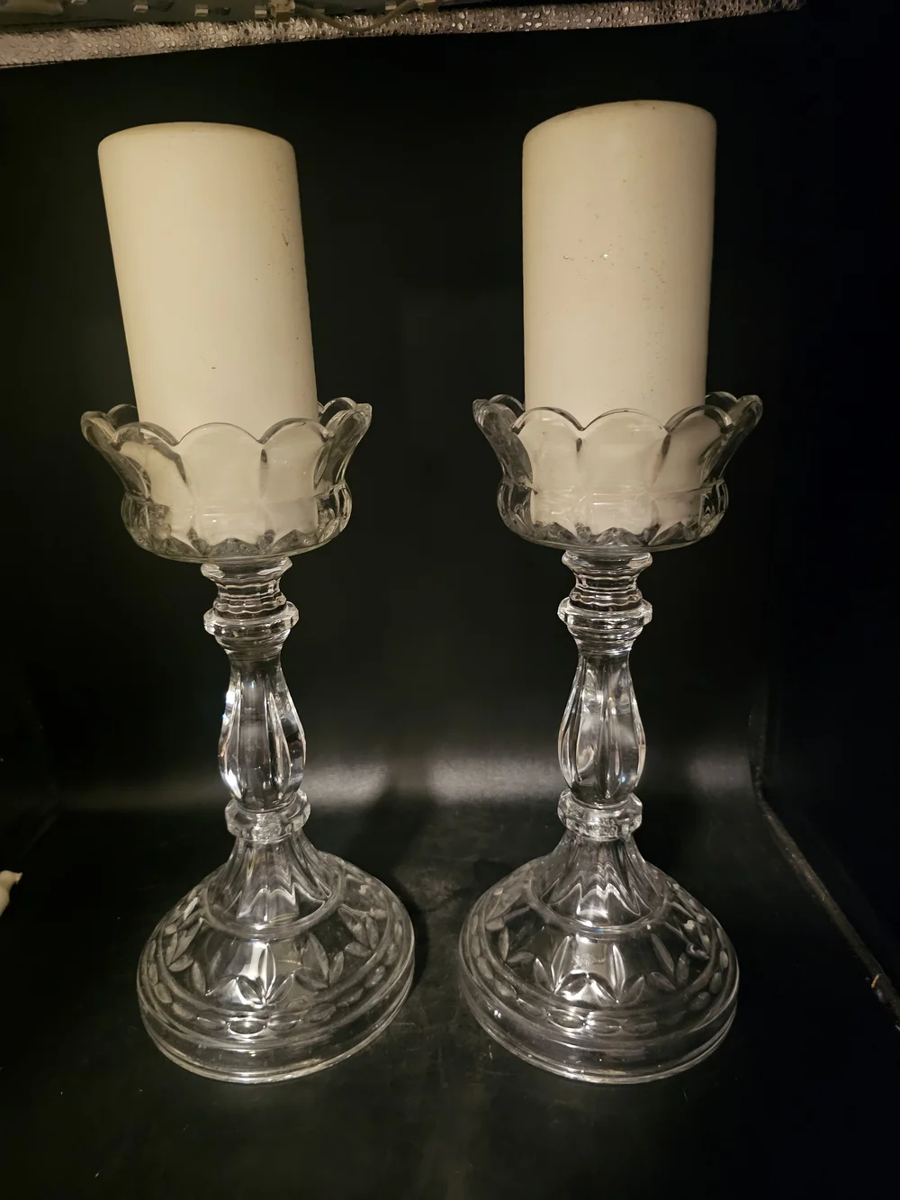 Pair of Clear Glass Scalloped Pillar Candle Holders